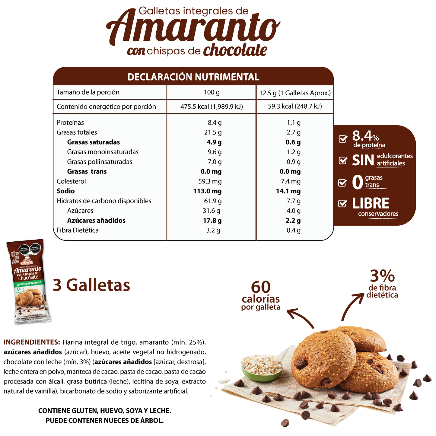 Galletas de Amaranto con Chispas de Chocolate 38g (3 Galletas)