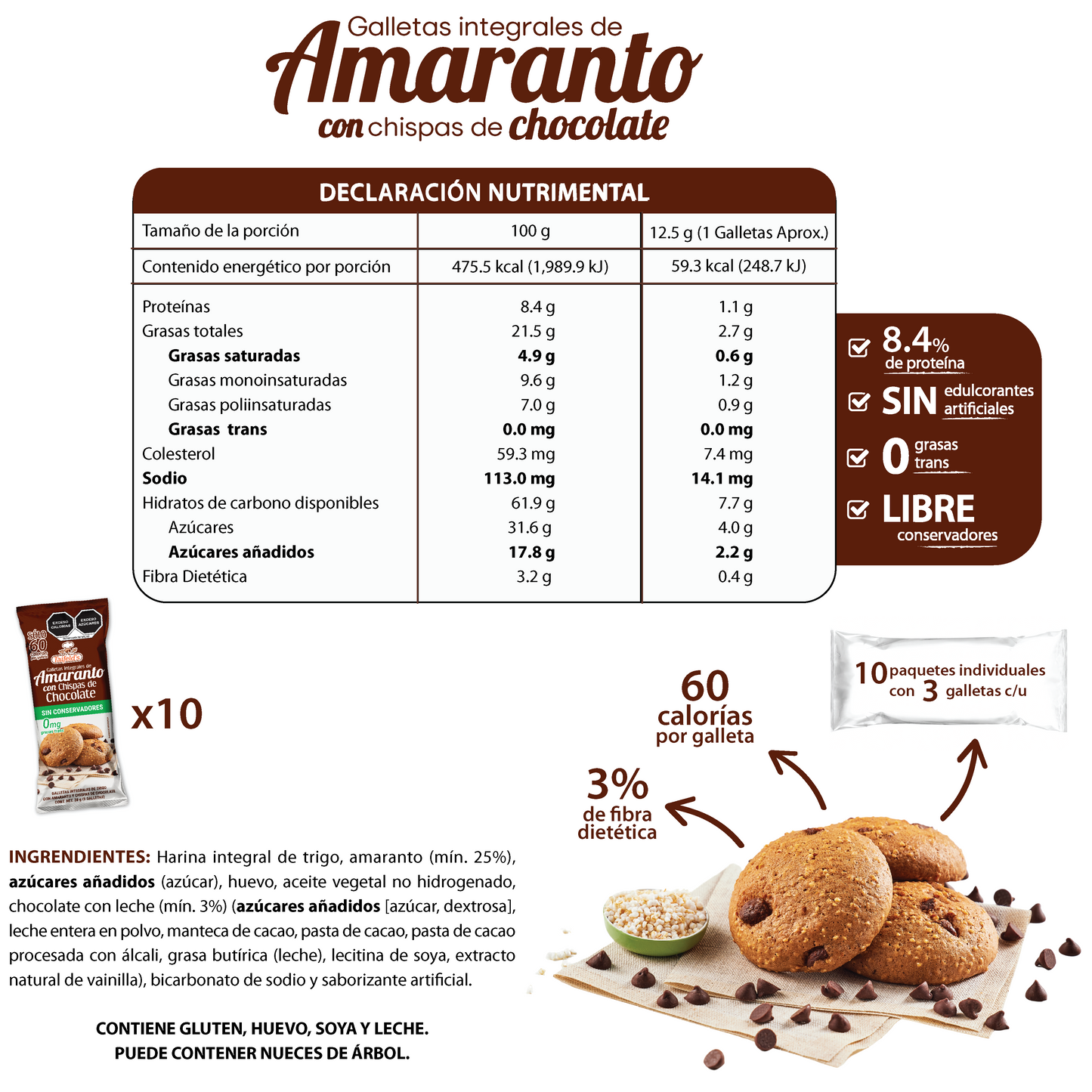 Galletas de Amaranto con Chispas de Chocolate Display (10 paquetes de 38g)