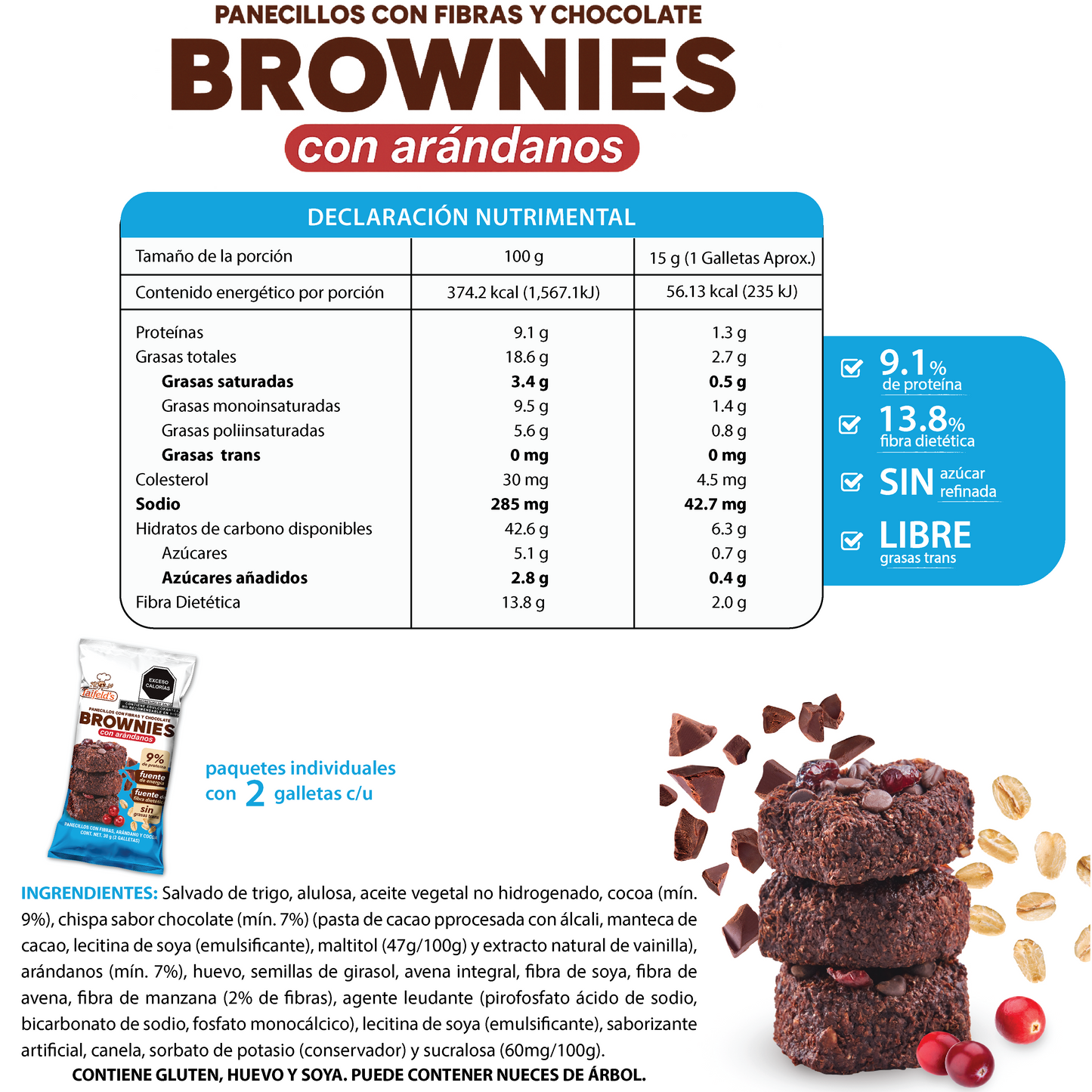 Brownies de Chocolate con Arándanos 30g (2 Galletas)
