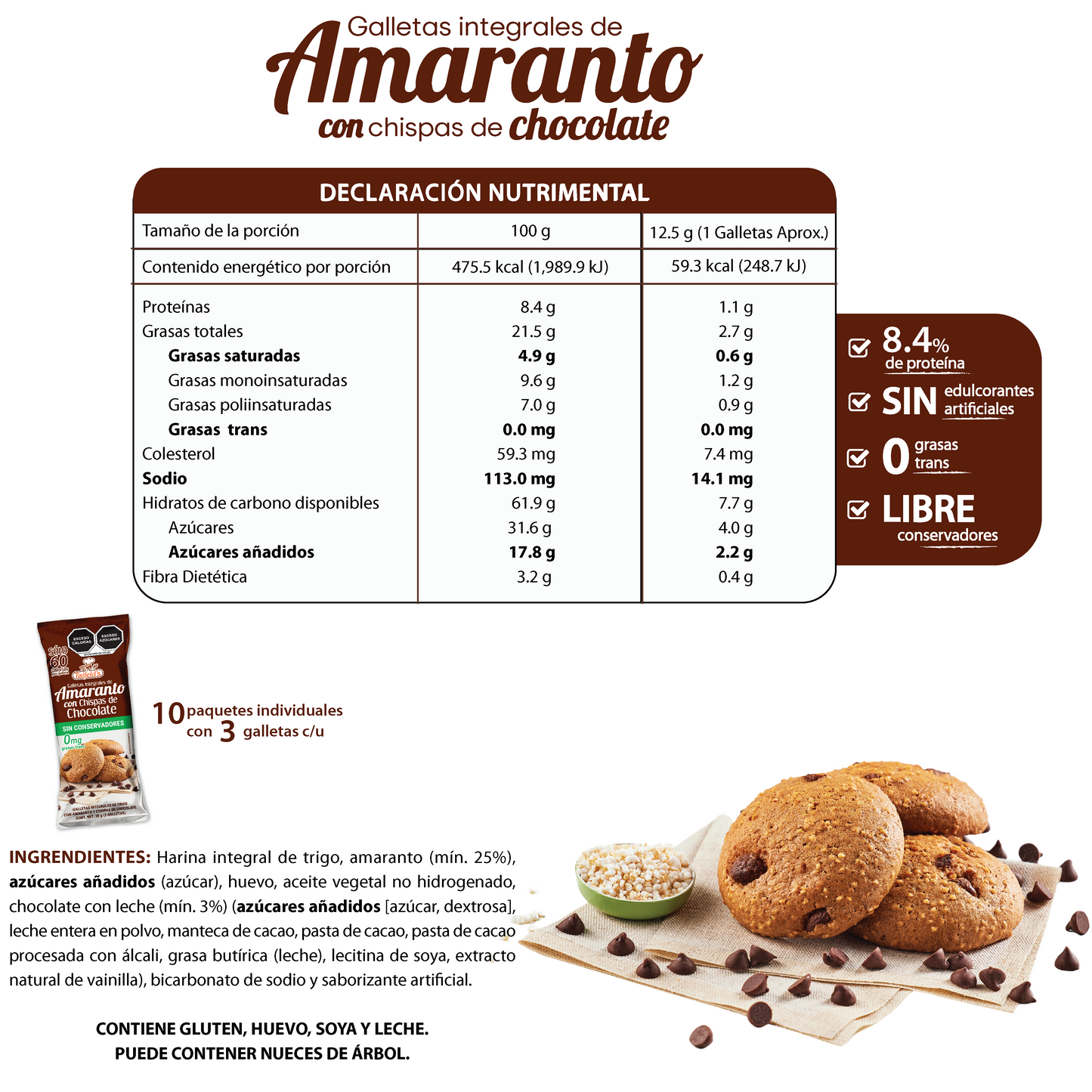 Galletas de Amaranto con Chispas de Chocolate Display (10 paquetes de 38g)