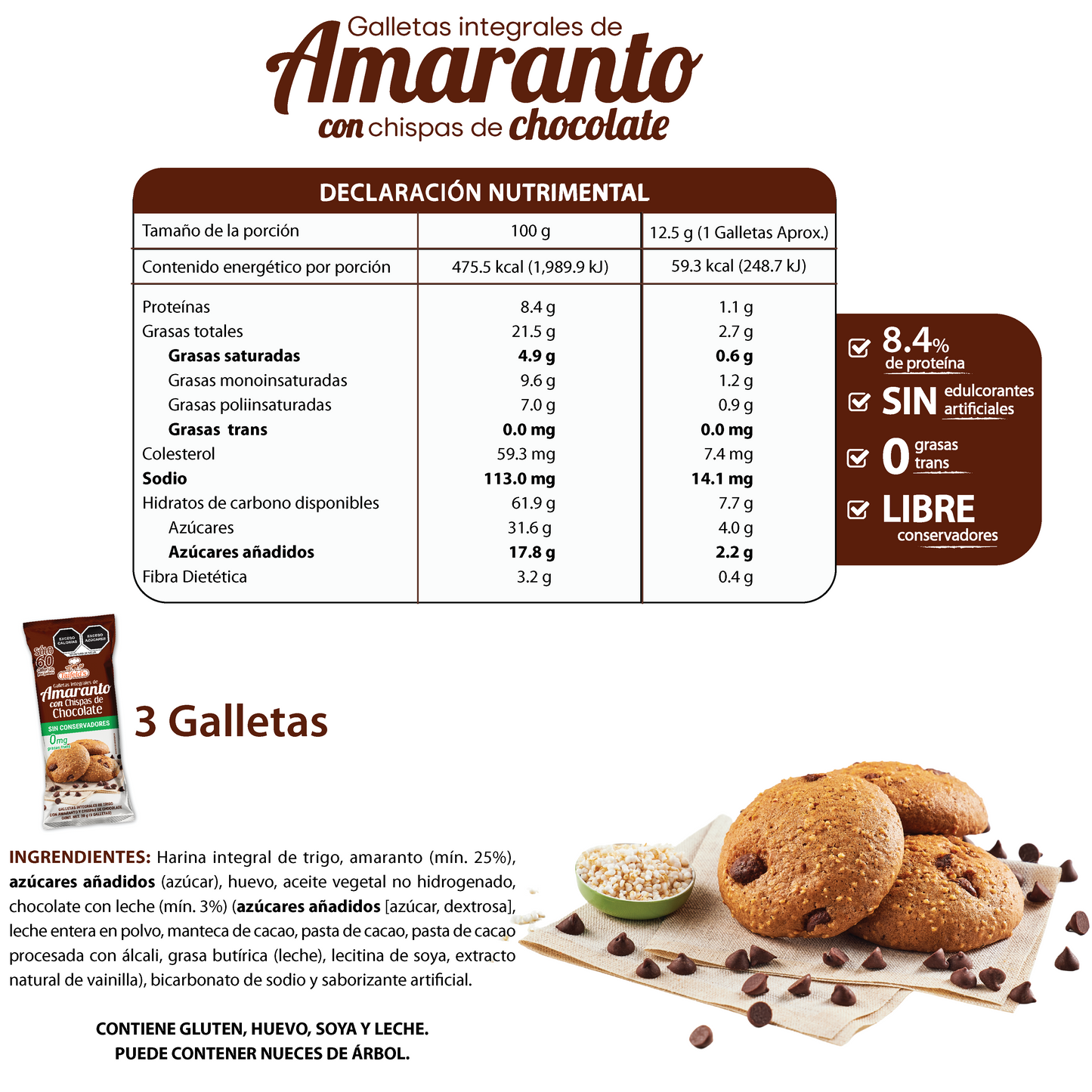 Galletas de Amaranto con Chispas de Chocolate 38g (3 Galletas)