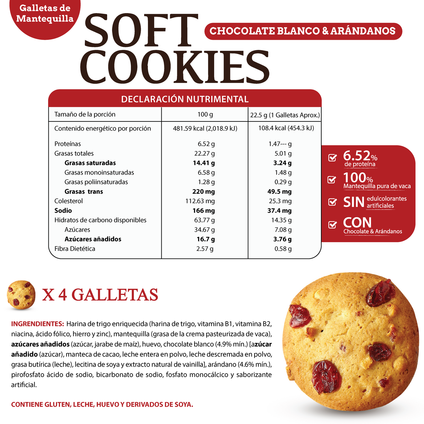 Galletas de Mantequilla - Chocolate Blanco y Arándanos 90g